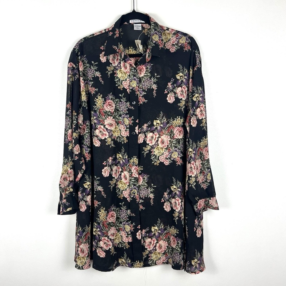 Vtg Express Dark Floral Sheer Button Down Shirt Tunic Blouse S Whimsigoth Grunge